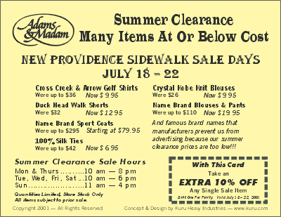 [Adams Summer Sale Postcard Back]
