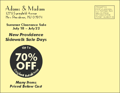 [Adams Summer Sale Postcard Front]