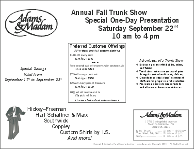 [Adams Haberdashers Trunk Show Flyer]