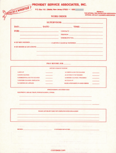 [Original Work Order, Customer Copy for Clean as a Whistle]
