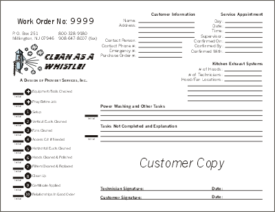 [New Work Order, Customer Copy for Clean as a Whistle]